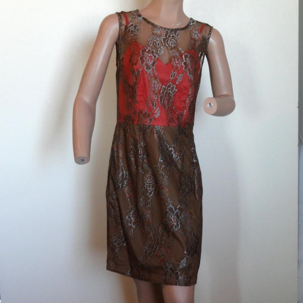 Minuet Dress Brown Lace w Orange & Silver sz S
